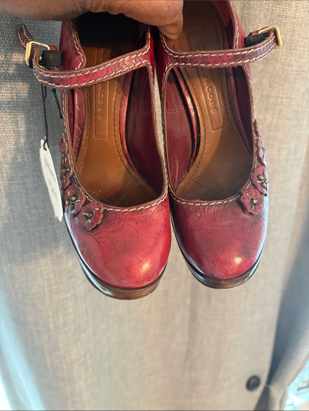 Marc Jacobs Deep Red Floral Embossed Mary Jane Heels - Picture 2 of 5